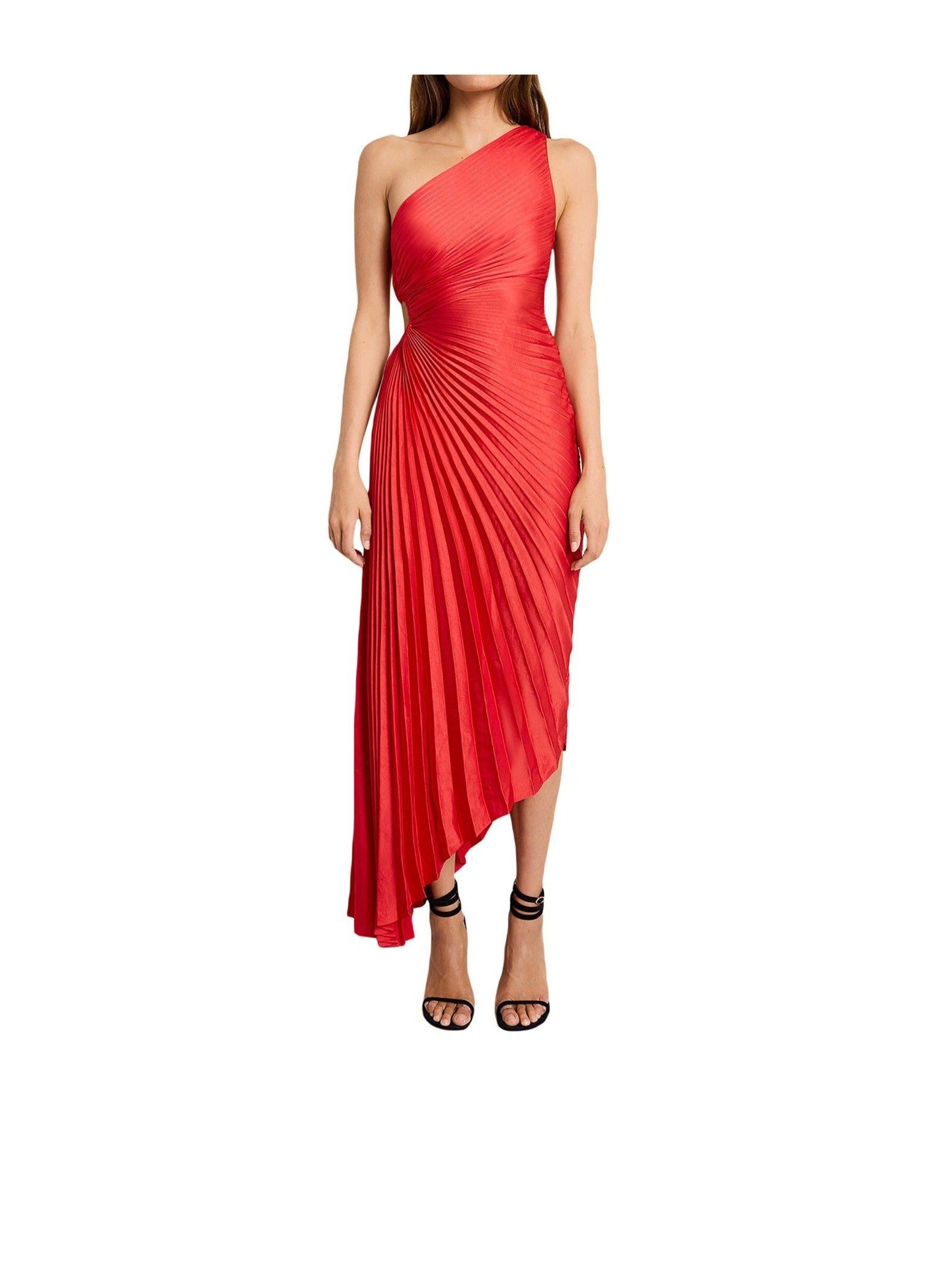 Pink/ Red One Shoulder Pleated CutOut Dress