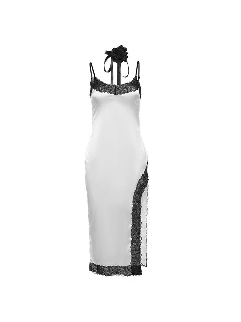 Tie Contrast Color Lace High Split Dress