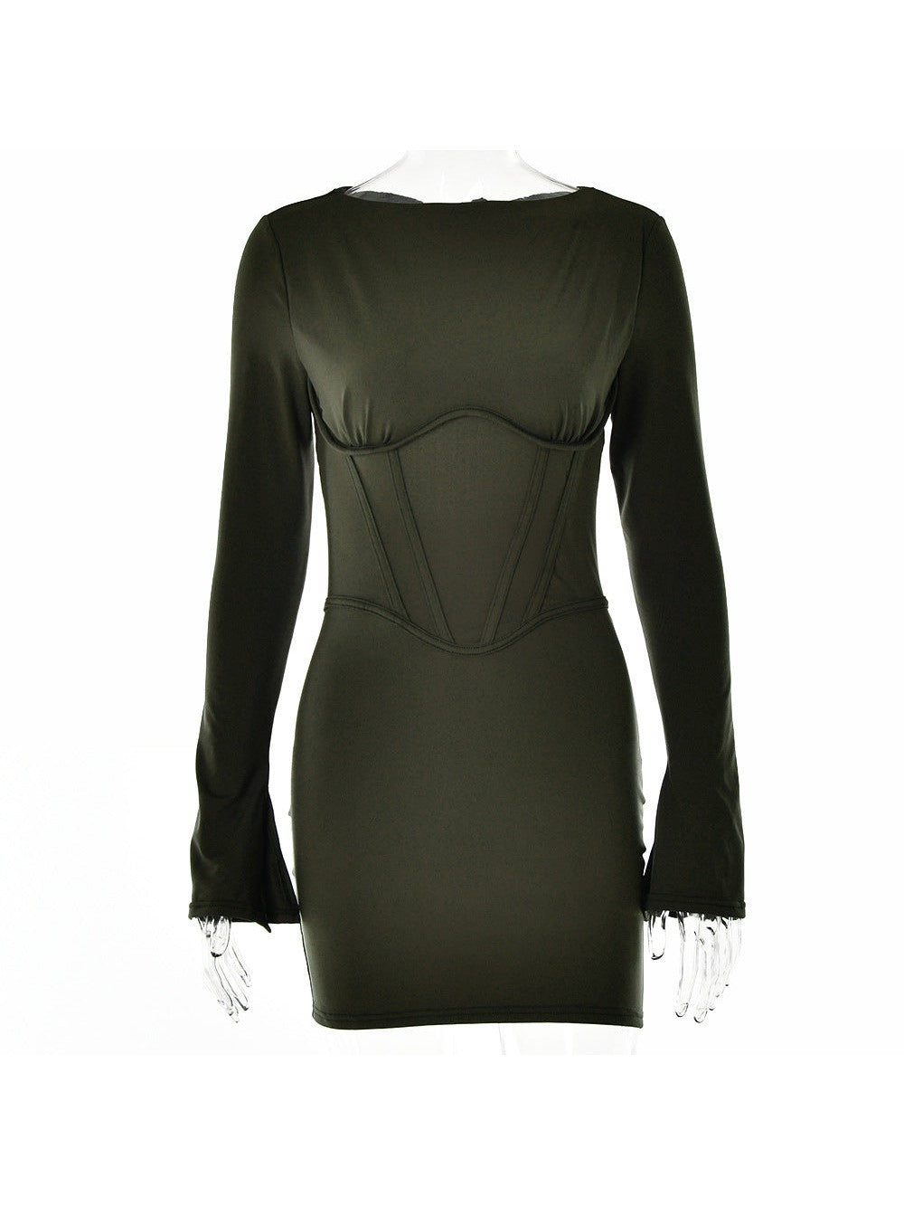 Backless Crew Neck Long Sleeved Waist Hip Dress