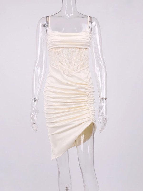 Satin Boning Corset Pleated High Slit Dress