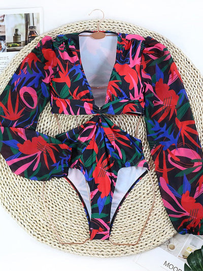 Floral Print Cutout V Neck One Piece Swimsuit Bikini