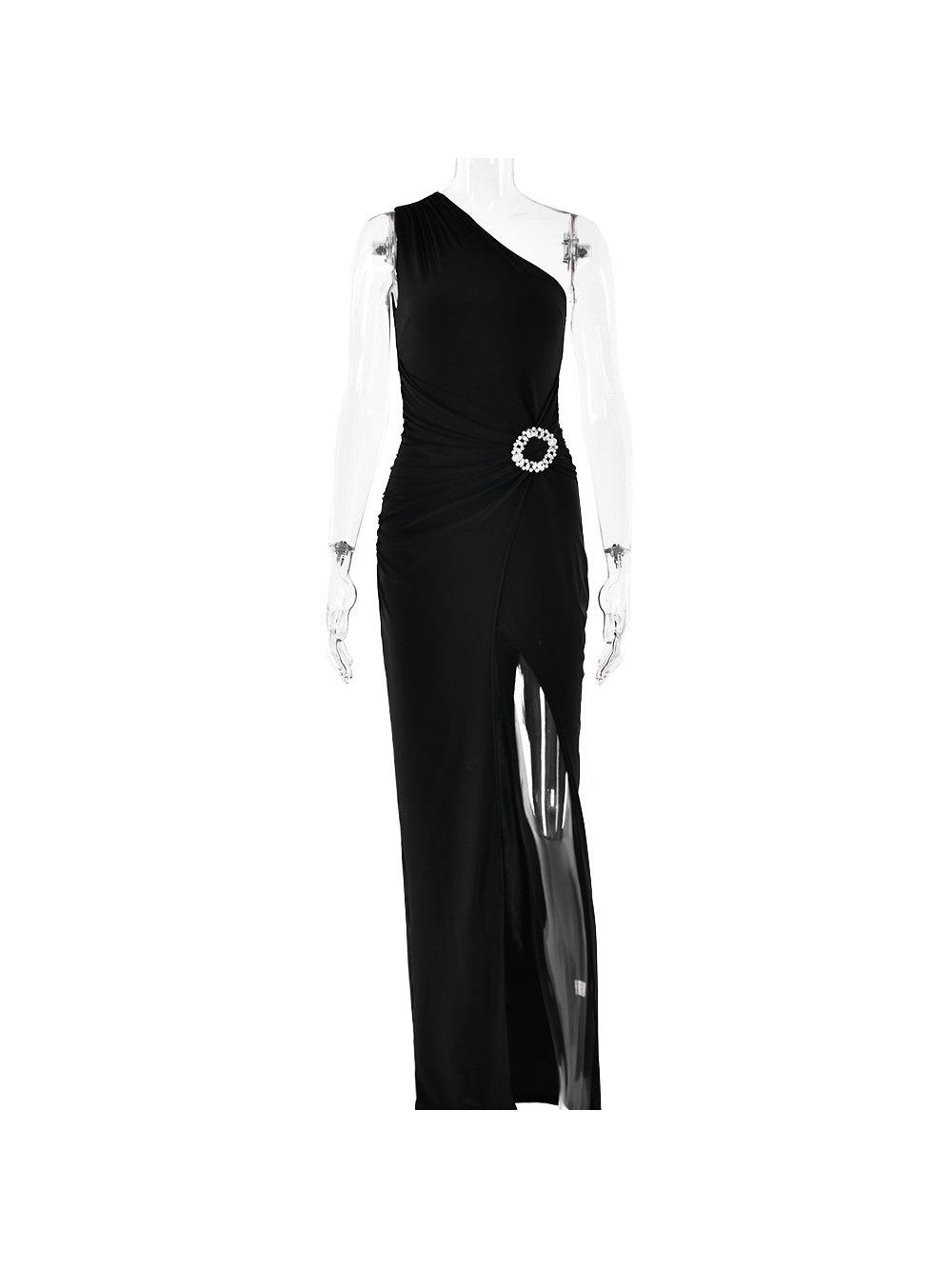 One Shoulder Sleeveless High Slit Buckle Maxi Dress