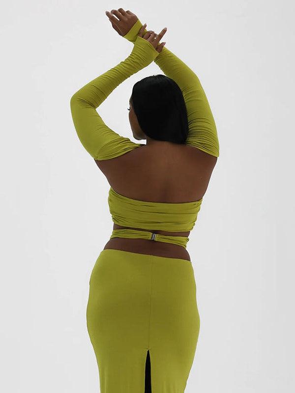 Back view of lime bandeau tube top with sleeves, wrap-back detail, and matching high-waisted midi skirt with back slit.