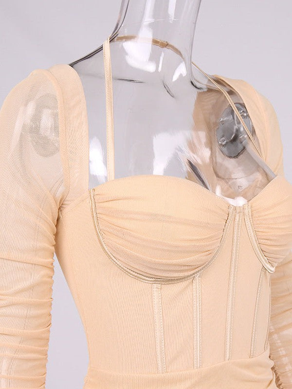 Mesh Boning Corset Pleated Backless Sheath Cami Dress