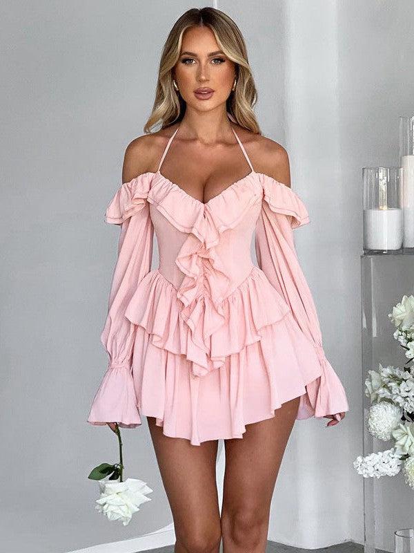 Halterneck Low Cut Ruffled Long Sleeve Romper
