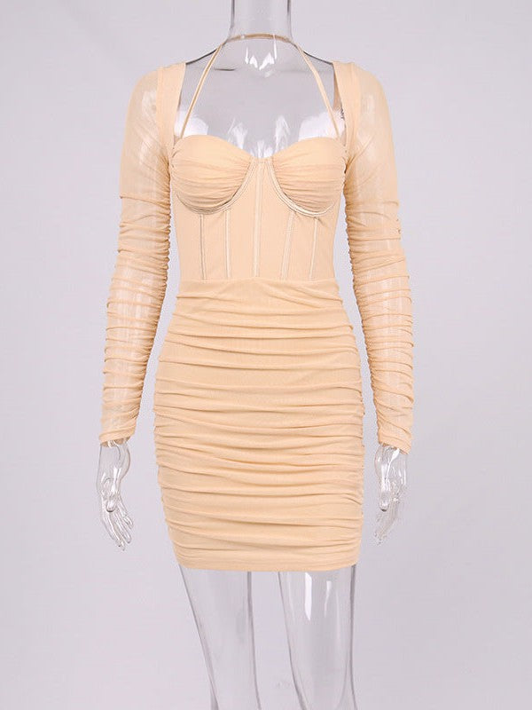 Mesh Boning Corset Pleated Backless Sheath Cami Dress