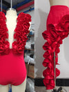 Red Deep V Plunge Sexy Ruffle Swimsuit & Skirt Coord Set