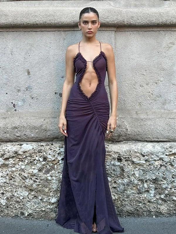 Cutout Suspender Ear Print Cropped Maxi Dress