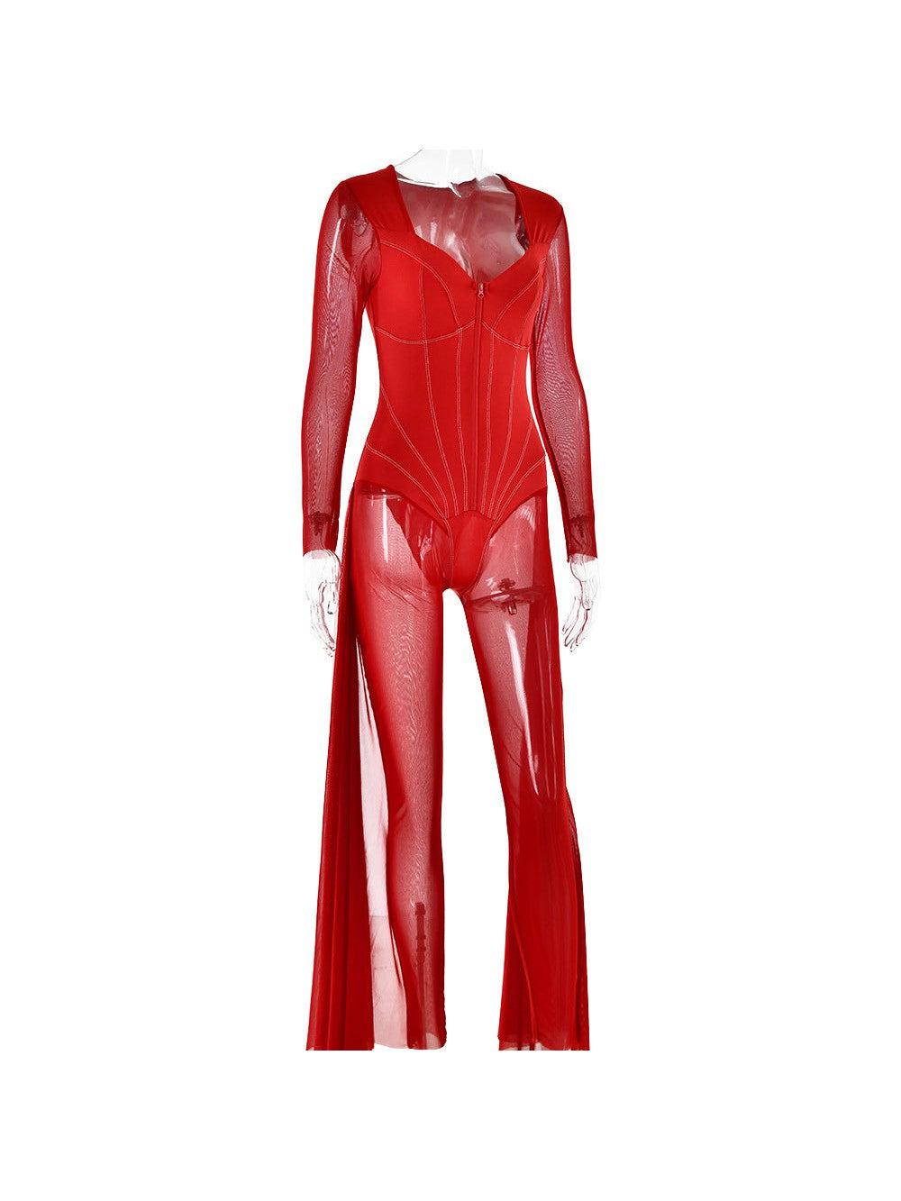 Mariam Full Sleeve Mesh See Through V Neck Jumpsuit