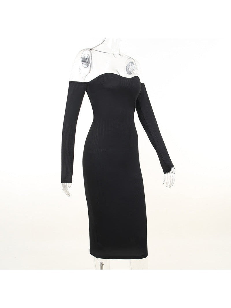 Knitted Off Shoulder Long Sleeve Tube Top Dress