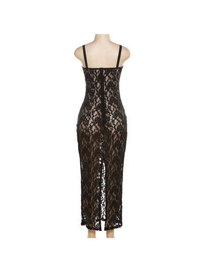 Spaghetti Strap See through Lace Maxi Dress