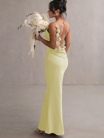 Applique Floral Decoration Maxi Backless Sling Dress