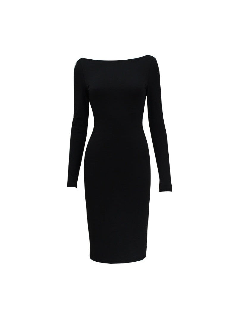 Full Sleeves Backless Pure Slit Midi Dress with Zipper