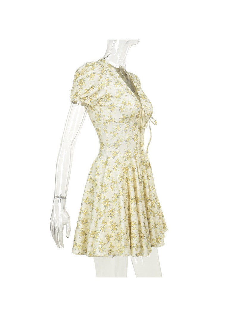 French Floral V Neck Short Dress