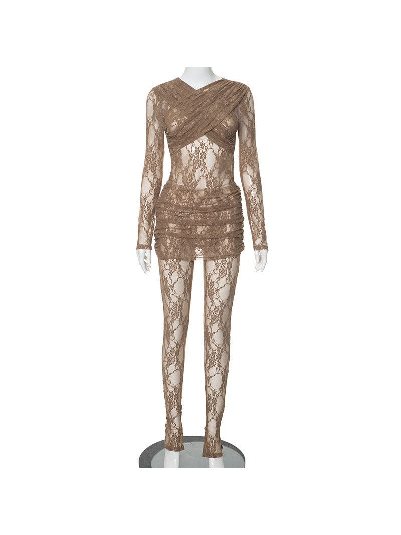 Crew Neck Patchwork Lace See Jumpsuit