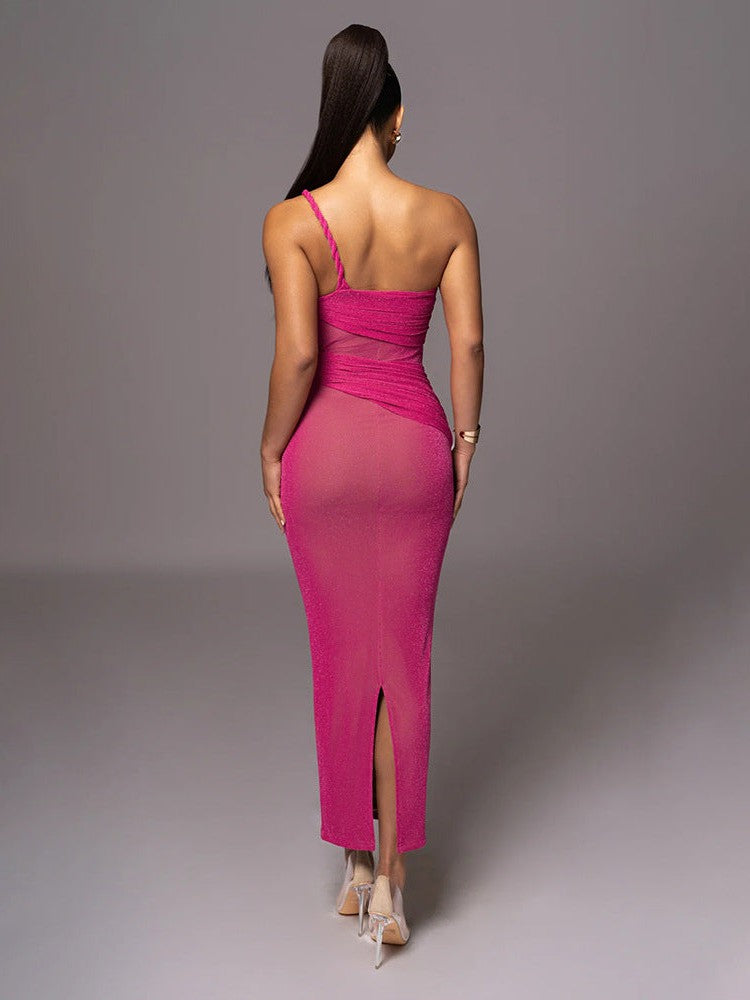 One Shoulder Shimmer Mesh Backless Dress