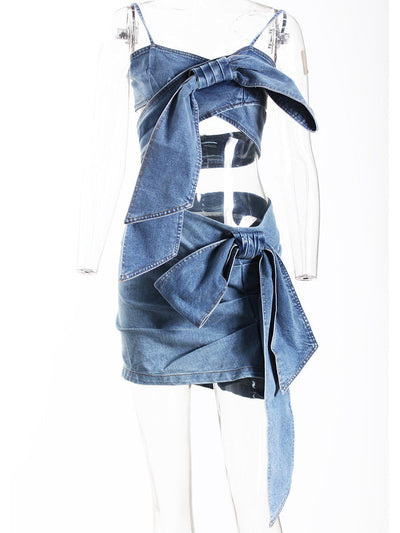 3D Bow Strap Tube Denim Top