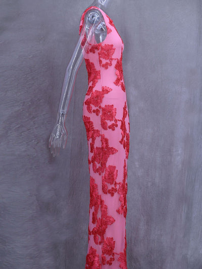 Pink Mesh 3D Applique Plate Floral Sheath Dress