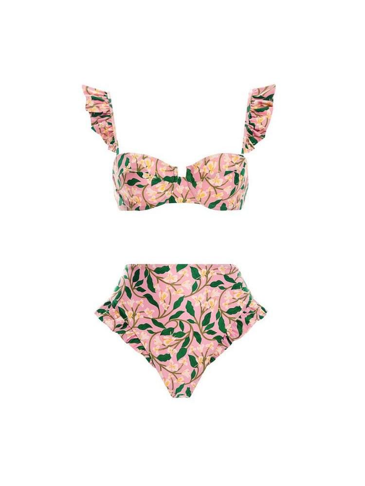 3 Piece Floral Print Ruffle Strap Bikini & Skirt Set