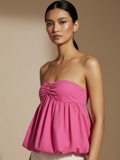 Ruched Ruffled Tube Top, pink strapless peplum-style by Exclusives