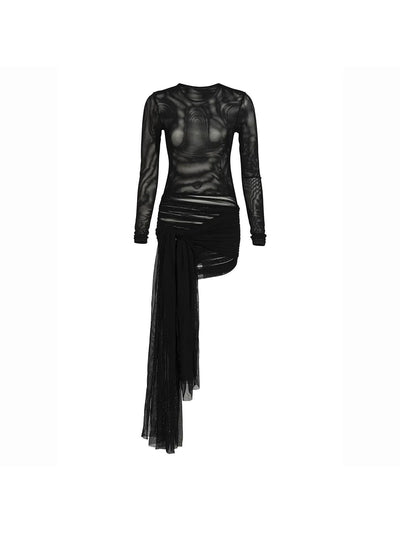 Asymmetric See through Tie Mesh Dress