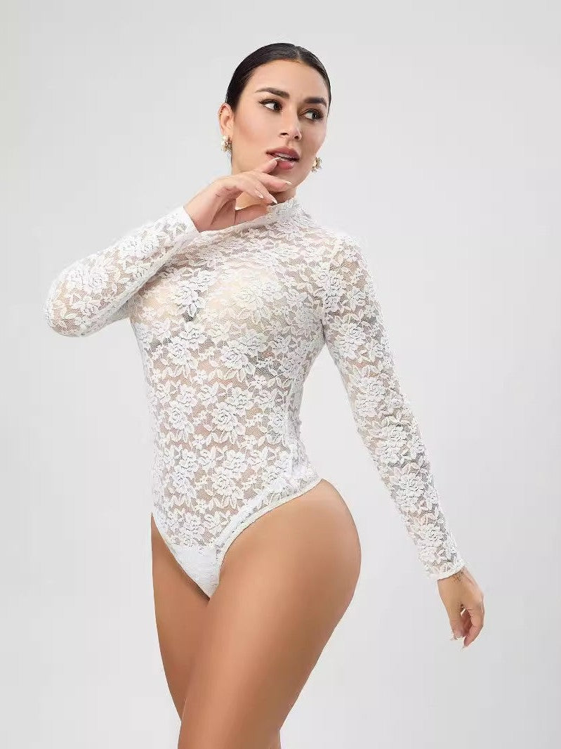 Floral Lace See Through High Neck Bodysuit