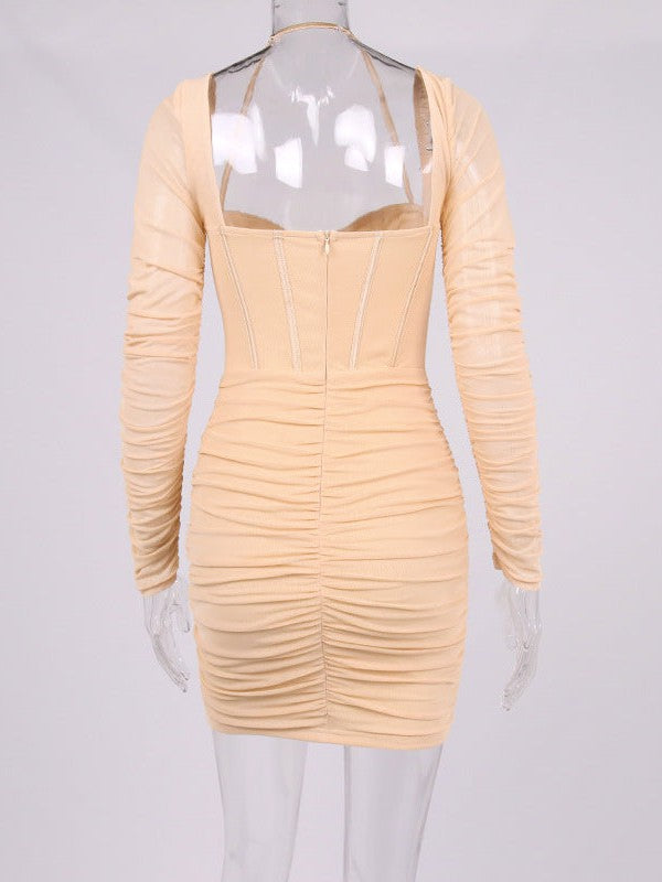 Mesh Boning Corset Pleated Backless Sheath Cami Dress