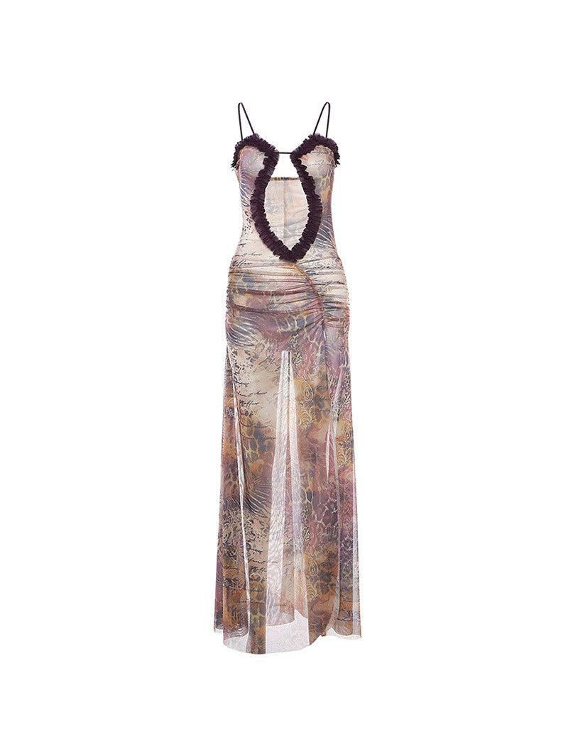 Cutout Suspender Ear Print Cropped Maxi Dress