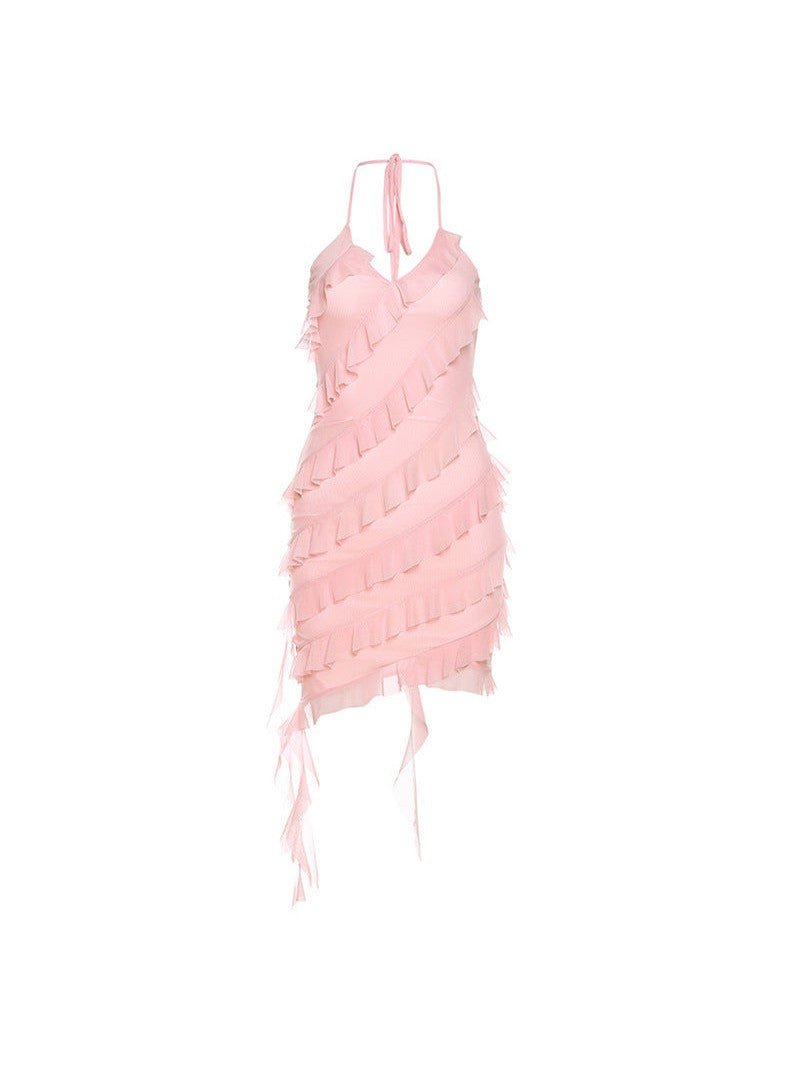 Irregular Asymmetric Design Lace up Halterneck Dress