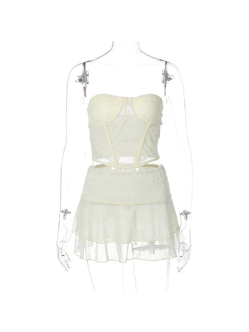 Lace See Through Bandeau Top & Ultra Short Skirt Coord Set