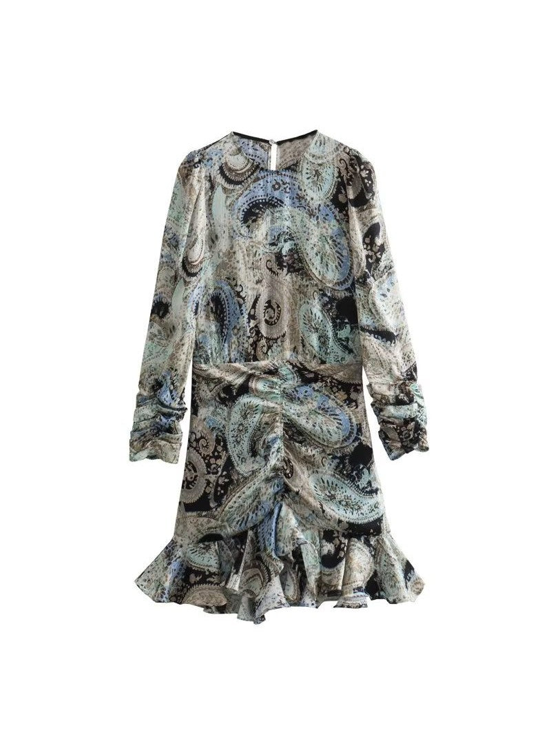 Ruffle Paisley Print A Line Mini Dress