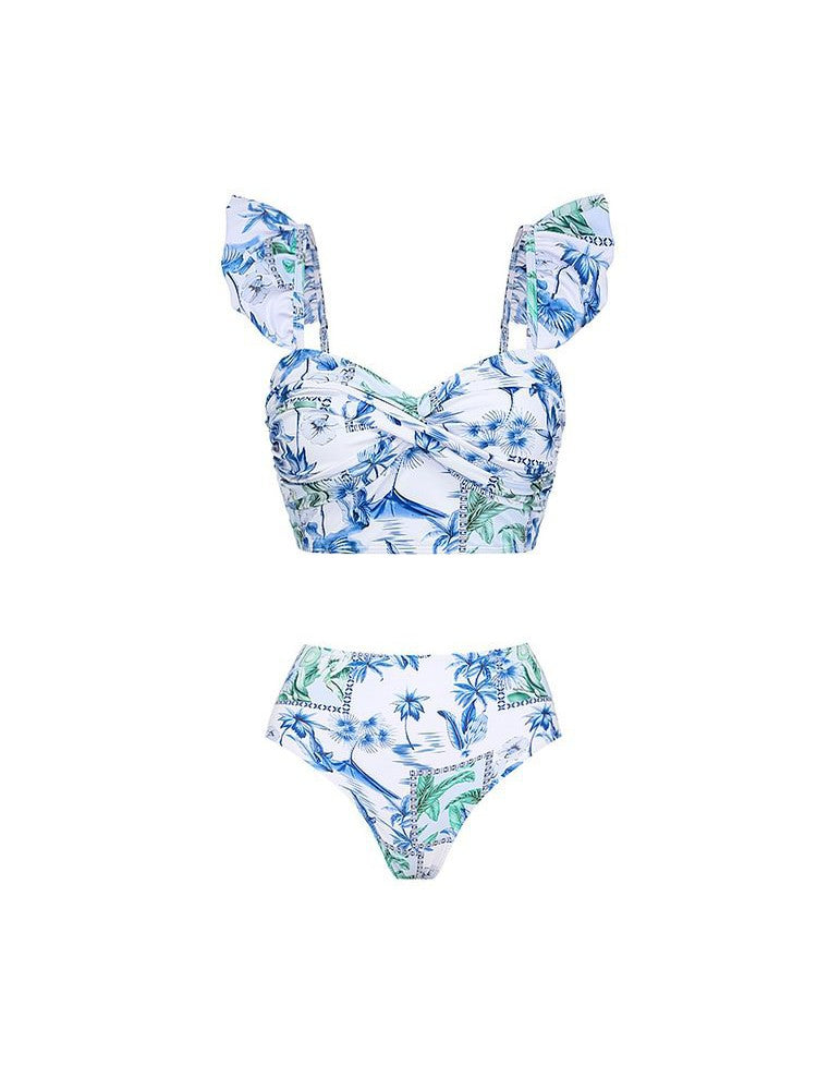 Lotus Leaf Sleeve Split Seaside Vacation High Waist Bikini Swimsuit