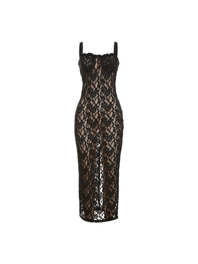 Spaghetti Strap See through Lace Maxi Dress