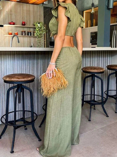 Ruffle Sleeves Cutout Backless Wide Leg Jumpsuit