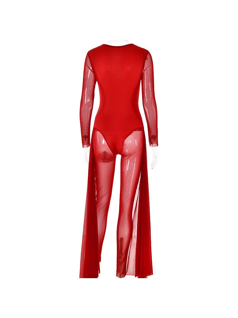 Mariam Full Sleeve Mesh See Through V Neck Jumpsuit