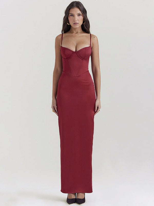 Red V Neck Strap Backless Stitching Split Dress