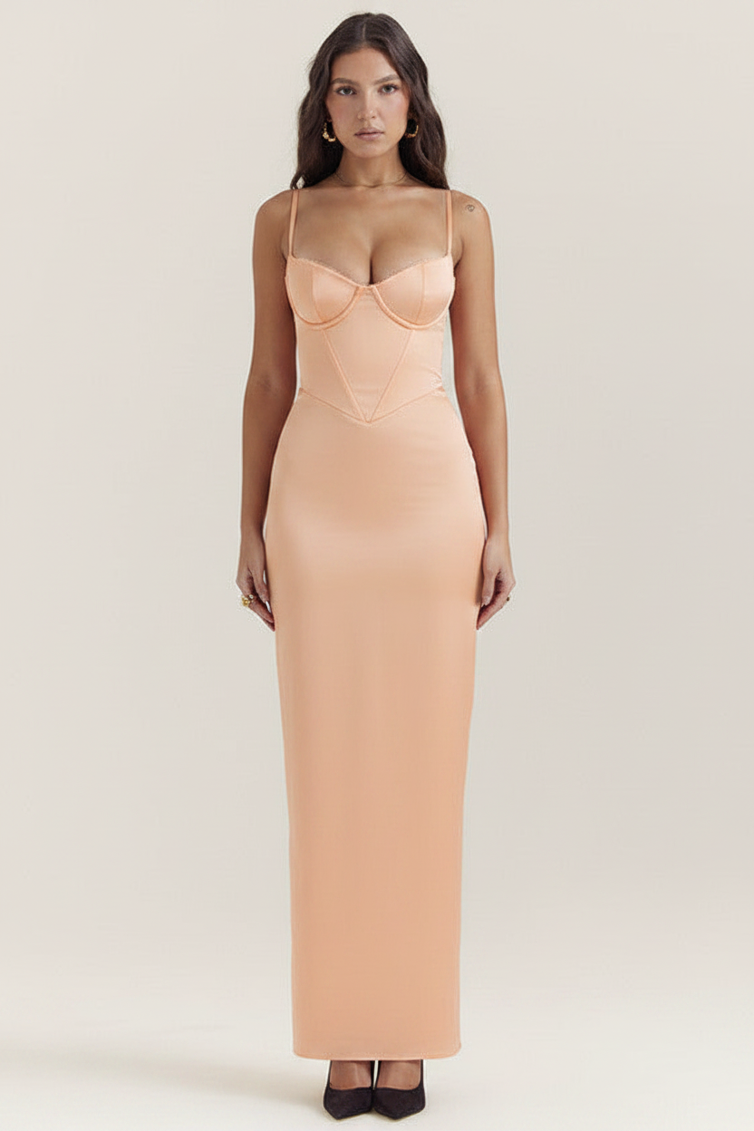 Red V-neck strap backless stitching split dress by EXCLUSIVES, long gown