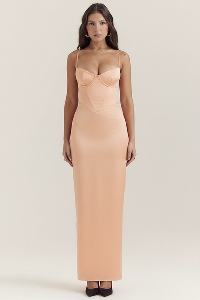 Red V-neck strap backless stitching split dress by EXCLUSIVES, long gown