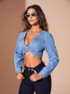 V Neck Asymmetric Crop Denim Top