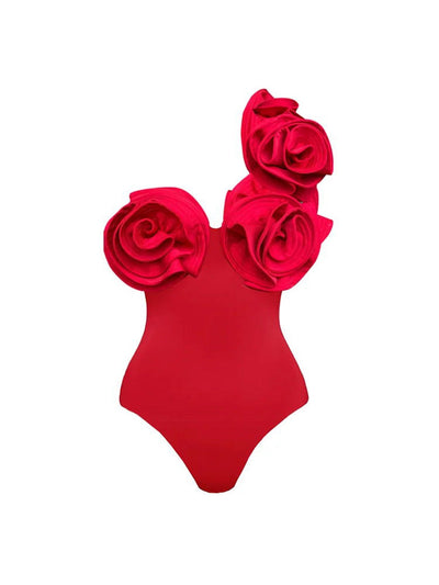 3D Floral Applique Monokini & Ruffles Skirt Swimsuit Bikini Set