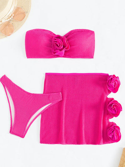 3D Rose Applique Cutout Split 3 Piece Bikini Swimsuit Set