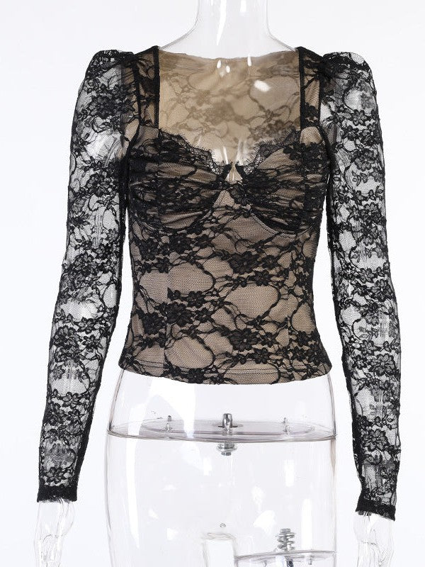 Black V neck Lace Long Sleeve Top