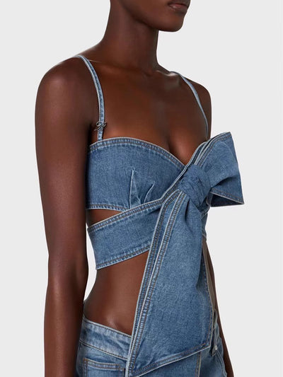 3D Bow Strap Tube Denim Top