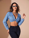 V Neck Asymmetric Crop Denim Top