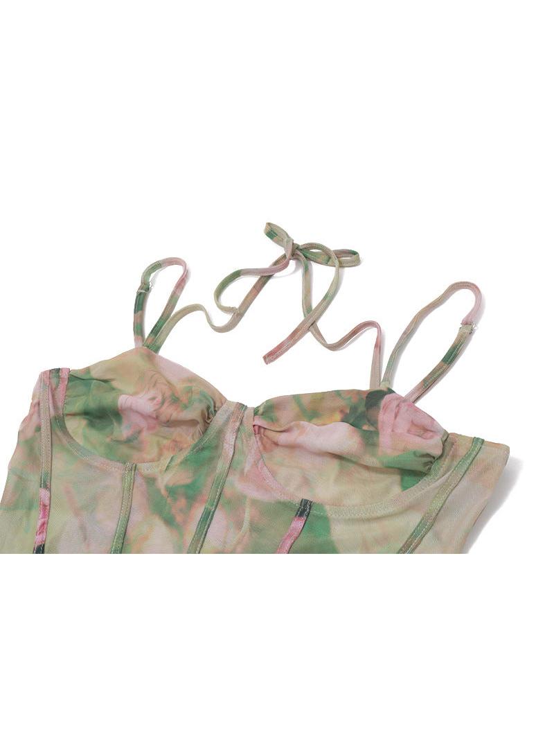 Floral Tie Dye Print Corset Ruched Corset Dress