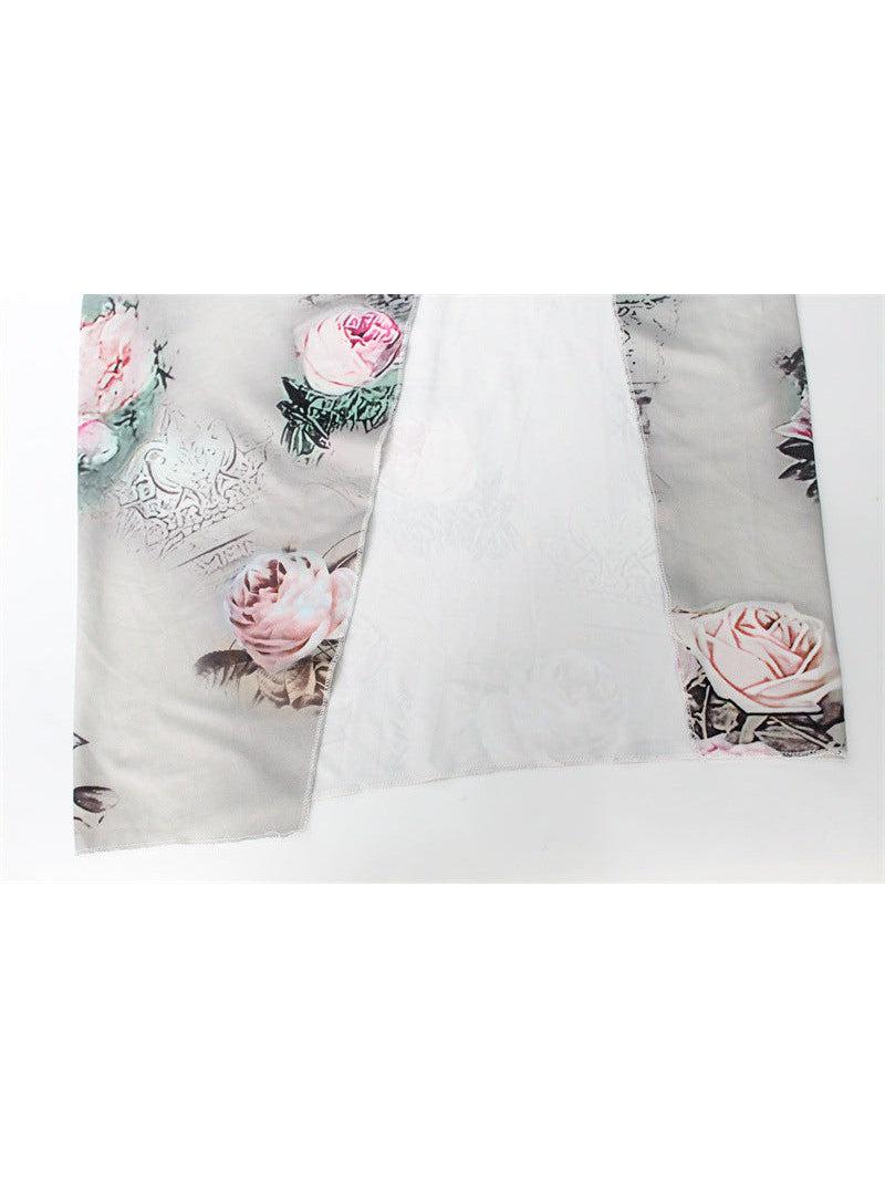 Light gray fabric with pink rose floral print along edges and a white pleated center panel.