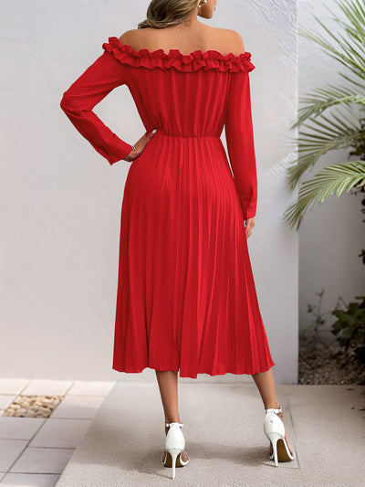 Off Shoulder Long Sleeve Pleated Dress