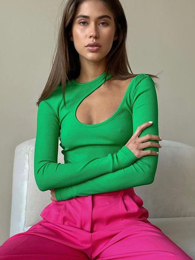 Rib Hollow Out Bodysuit Long Sleeve Top