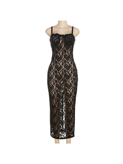 Spaghetti Strap See through Lace Maxi Dress