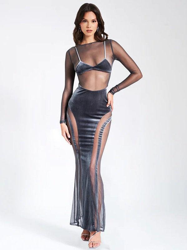Long Sleeve Mesh Bralette See Through Sheath Dress